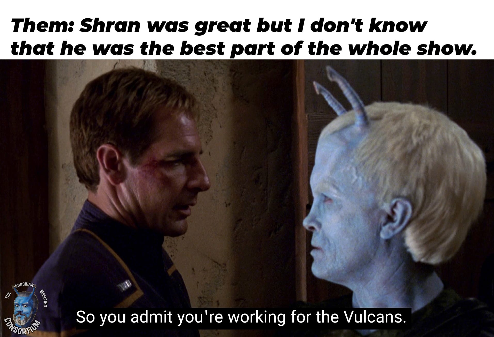 Okay, let's break down this image and its associated text through the lenses of various critical theories. **1. Visual Description** The image is a still from the science fiction television series *Star Trek: Deep Spa...