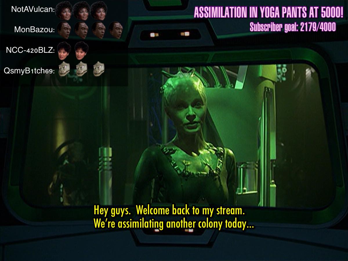 Okay, let's break down this image across several critical lenses. It's a layered image, ripe for interpretation. ## Visual Description The image appears to be a screenshot from a video game streaming session, likely "...