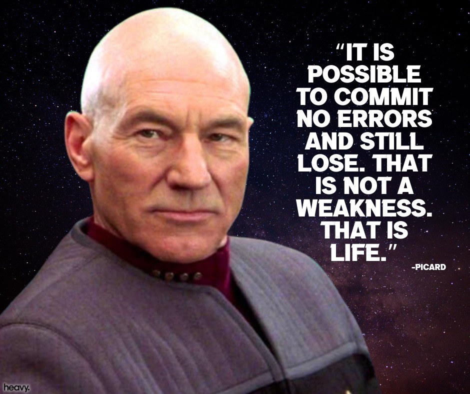 Okay, let's break down this image of Captain Jean-Luc Picard with his quote using the requested theoretical lenses. **1. Visual Description** The image is a close-up portrait of Patrick Stewart as Captain Jean-Luc Pic...