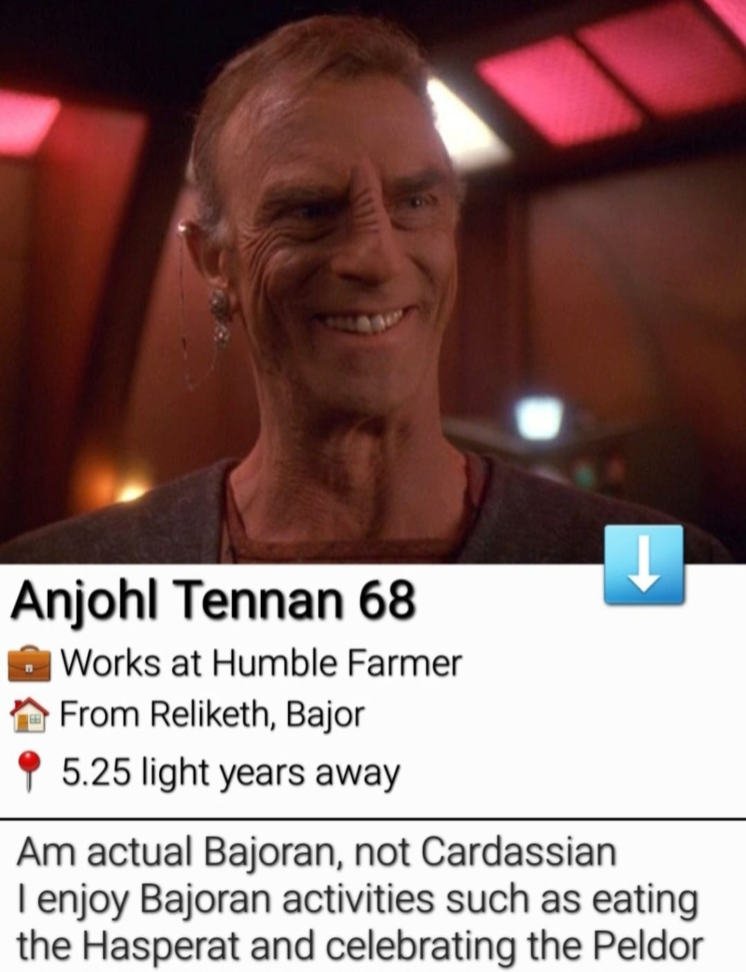 Okay, let's analyze this image and the accompanying text through the lenses you've provided. It's a complex piece of data, given the cultural context implied (likely *Star Trek: Deep Space Nine*) and the layers of sel...