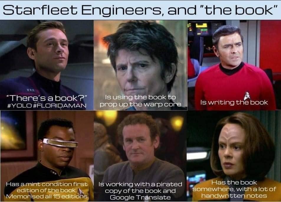 Okay, let's break down this meme – a grid of *Star Trek: The Next Generation* engineer characters and their relationship to “the book” – through the lenses you requested. Given the nature of the meme, some of these an...