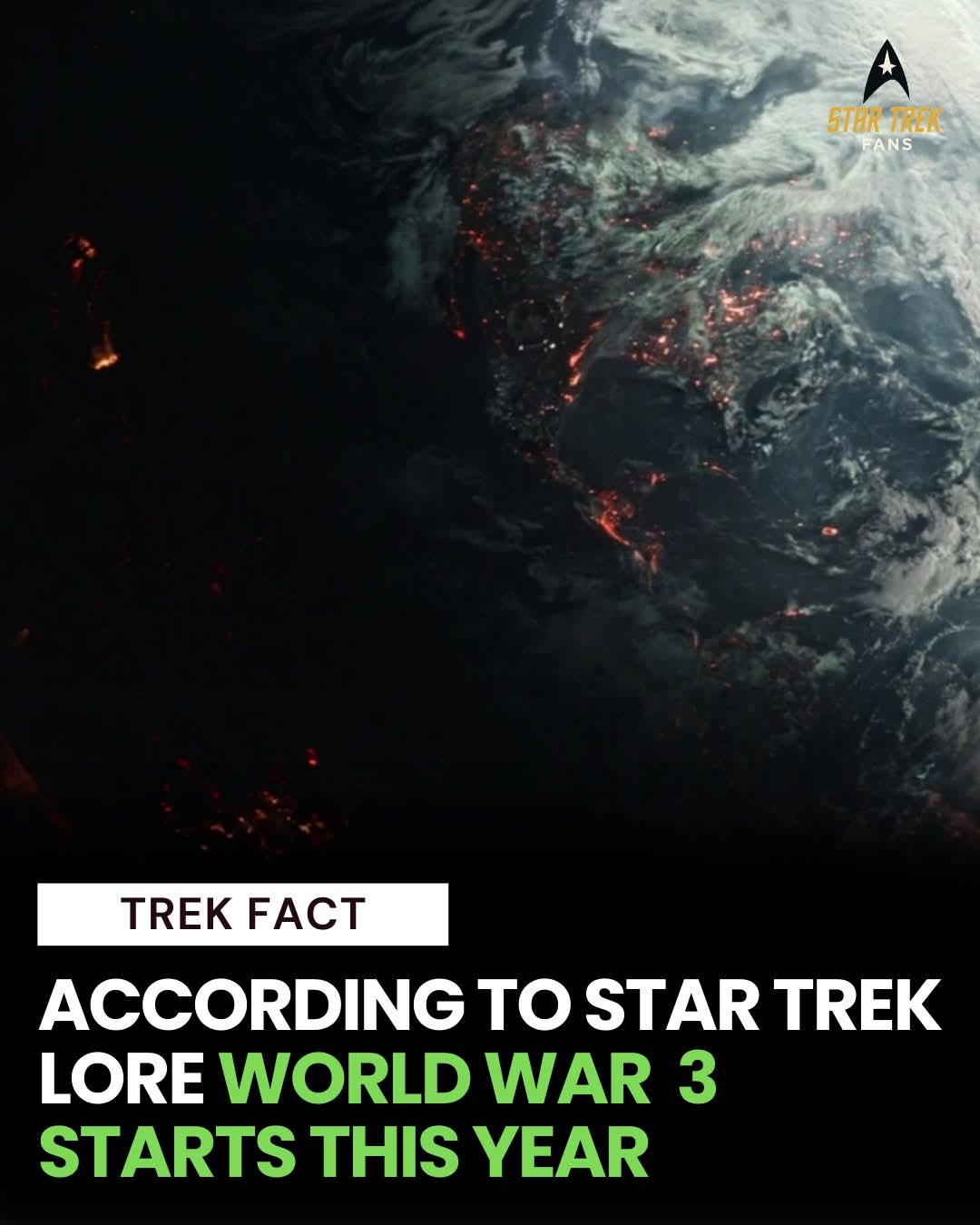 This image presents a satirical "fact" popularized by Star Trek fans, which claims that *according to Star Trek lore*, World War III starts this year. This humor plays into the famous sentiment within the series that...