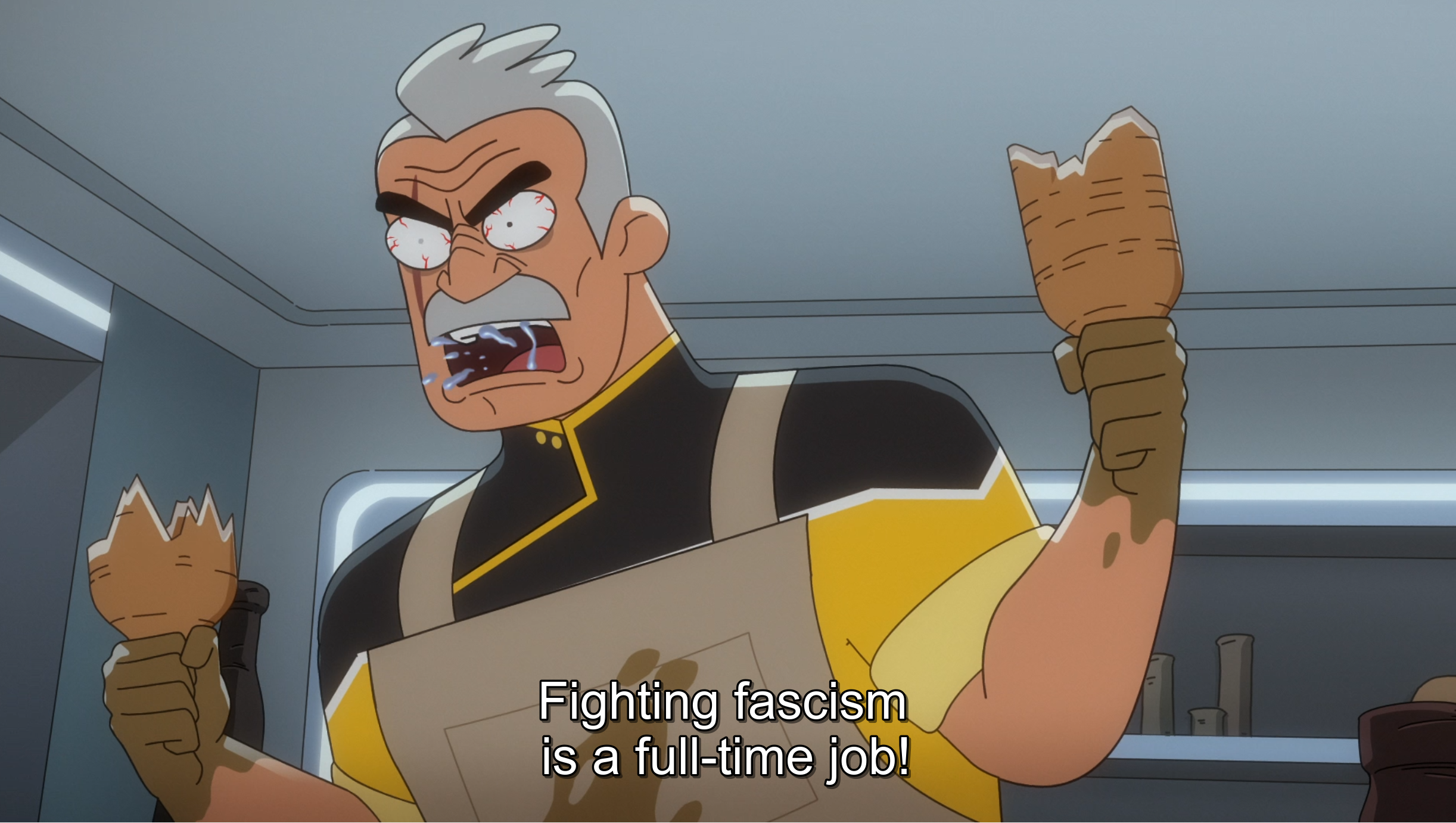 Okay, let's break down this image from *Invincible* through several theoretical lenses. **Visual Description** The image depicts an older man, presumably a hero or authority figure, in a state of agitation. He is faci...