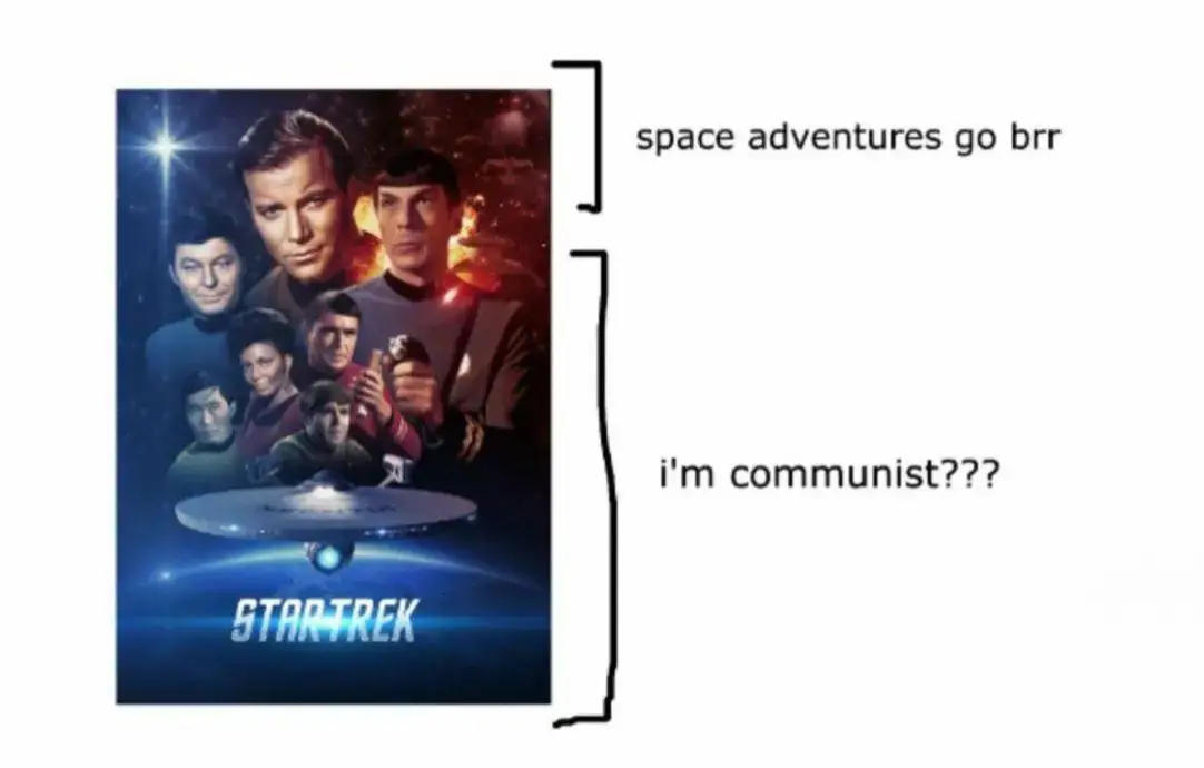 Okay, let's break down this image of the *Star Trek* poster through various theoretical lenses. It's worth noting that the text annotations ("space adventures brr", "i'm communist???") are doing a lot of work here in...