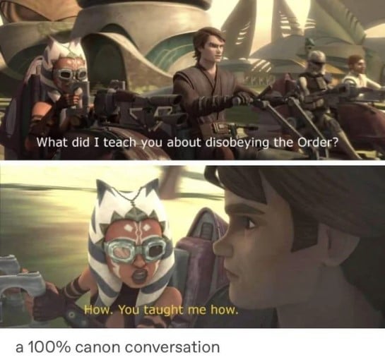 Okay, let's break down this meme from *Star Wars: The Clone Wars* using the requested theoretical lenses. It's a powerful scene, so there's quite a bit to unpack. **Visual Description** The image is a two-panel meme f...