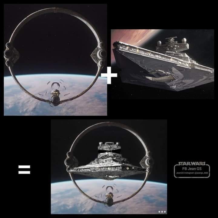 Okay, let's break down this striking image composite through various critical lenses. **Visual Description** The image is a composite of three elements: a depiction of the Death Star, a spaceship resembling the Imperi...