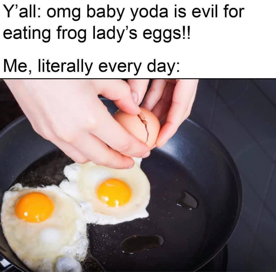 Okay, let's break down this meme through a few theoretical lenses. It's a surprisingly rich image considering its simplicity! ## Visual Description The image shows a close-up of a non-stick frying pan with two fried e...