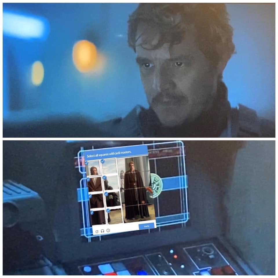 Okay, let's break down this image, analyzing it through the lenses you've requested. It's an interesting image juxtaposing a scene from *Star Wars* and an interactive educational prompt about Jedi Masters. **Visual De...