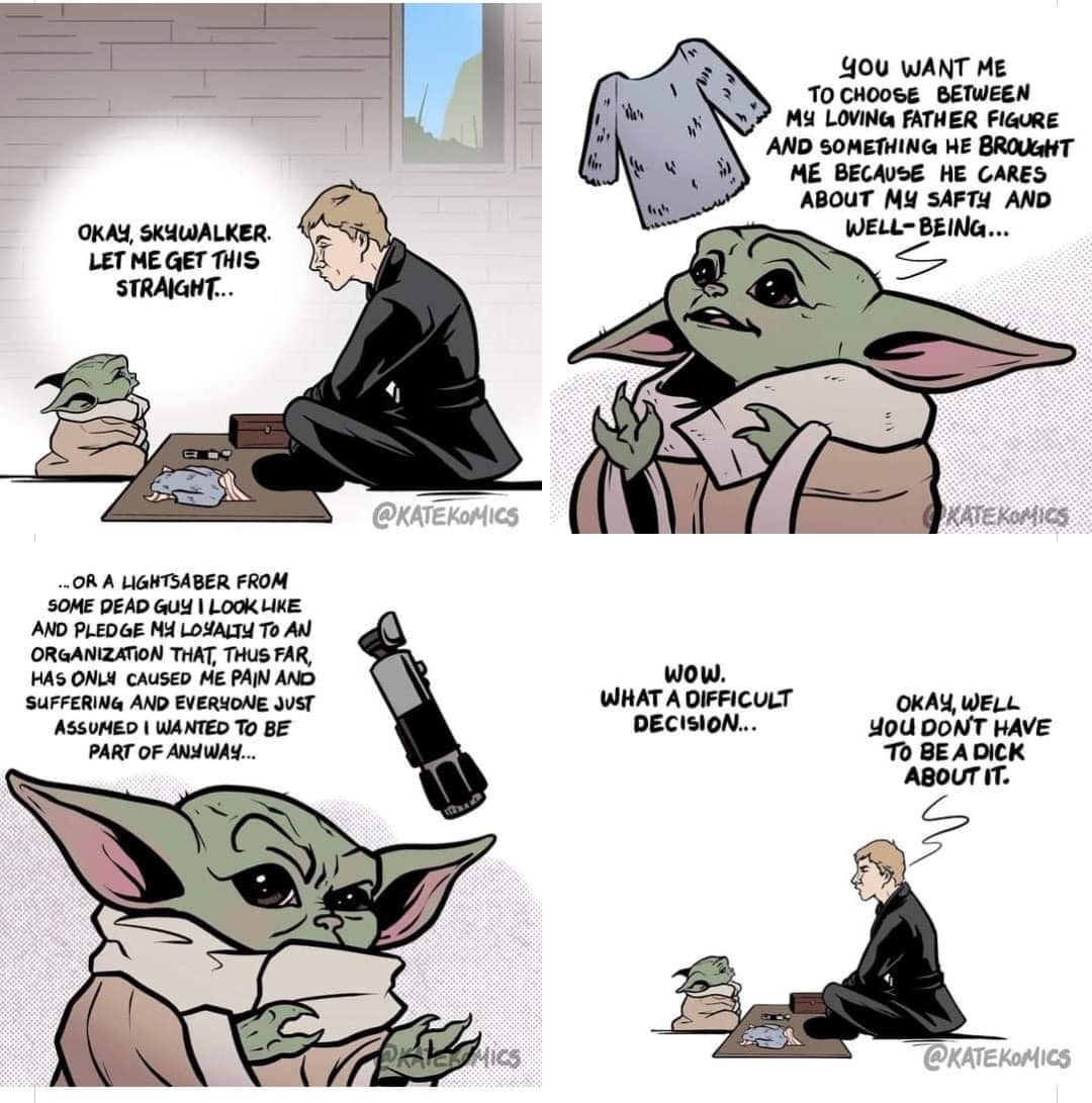 Okay, let's break down this comic strip through the lenses you've provided. It’s a pretty layered piece, cleverly subverting the typical “Chosen One” narrative of *Star Wars* through Grogu's surprisingly pragmatic and...