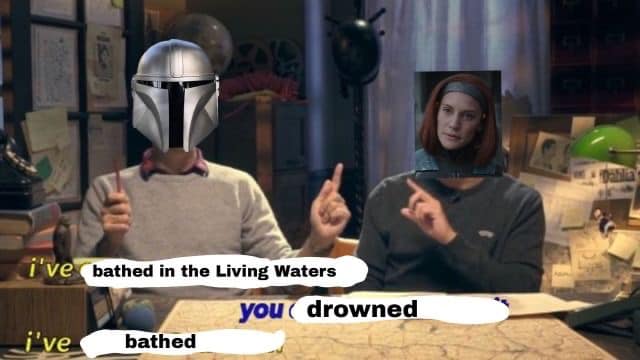 Okay, let's break down this meme using the requested theoretical lenses. **Visual Description** The image depicts a screenshot from a talk show, likely a podcast or interview setting. On the left is the Mandalorian (D...
