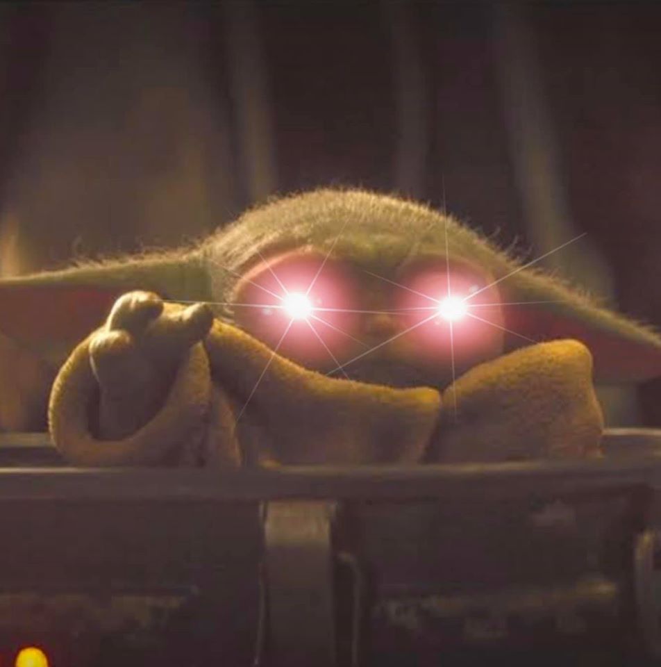 Okay, here's an analysis of the image of Baby Yoda (Grogu) with glowing red eyes, broken down into sections based on the requested theoretical frameworks. I'll indicate where a section doesn't apply. **Visual Descript...