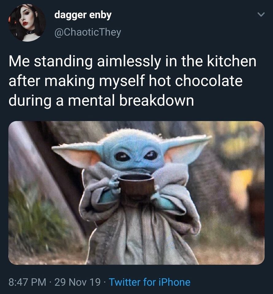 Okay, let's break down this meme/tweet through several critical theory lenses. It's a surprisingly rich piece given its surface simplicity. **1. Visual Description** The tweet features a photograph of "Baby Yoda" (Gro...