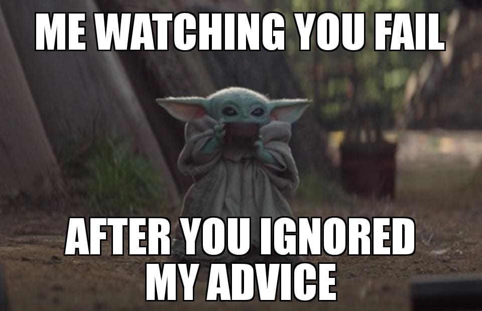 Okay, let's break down this meme through the lenses you've provided. **Visual Description** The image features Grogu (aka "Baby Yoda") from *The Mandalorian*. He is depicted standing in a forest environment, arms cros...