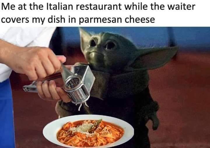 Okay, let's break down this meme (featuring Grogu/Baby Yoda eagerly awaiting a generous grating of parmesan) through the lenses of various critical theories. **Visual Description** The image is a composite. We see a h...