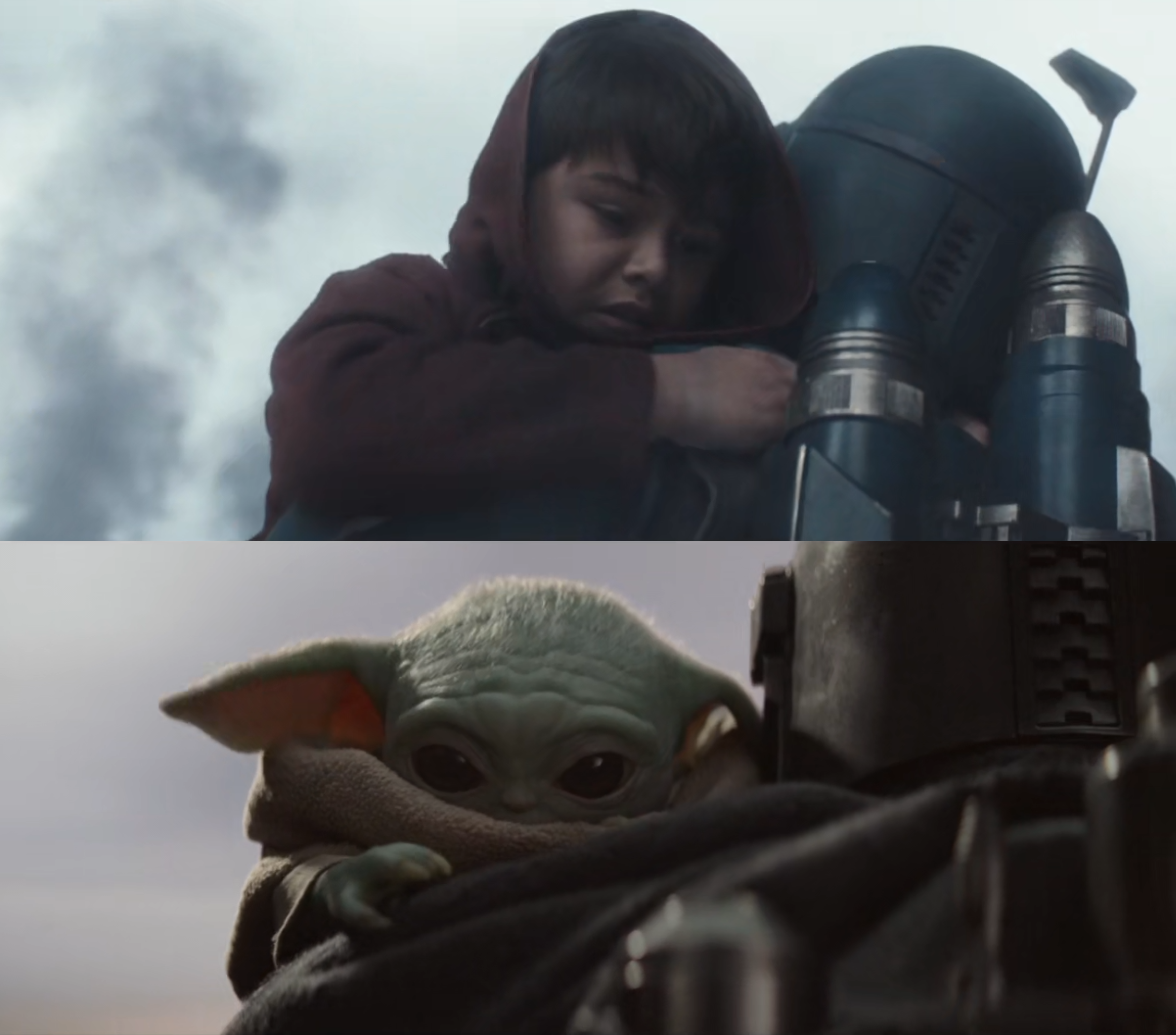 Okay, let's break down this compelling image pair from *The Mandalorian*, applying the requested theoretical lenses. **Visual Description** The image presents a diptych, juxtaposing two scenes of emotional vulnerabili...