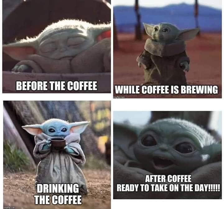 Okay, let's break down this "Baby Yoda & Coffee" meme through the lenses you've provided. It's a surprisingly rich little visual for a good amount of theory! ## Visual Description The image is a four-panel meme using...