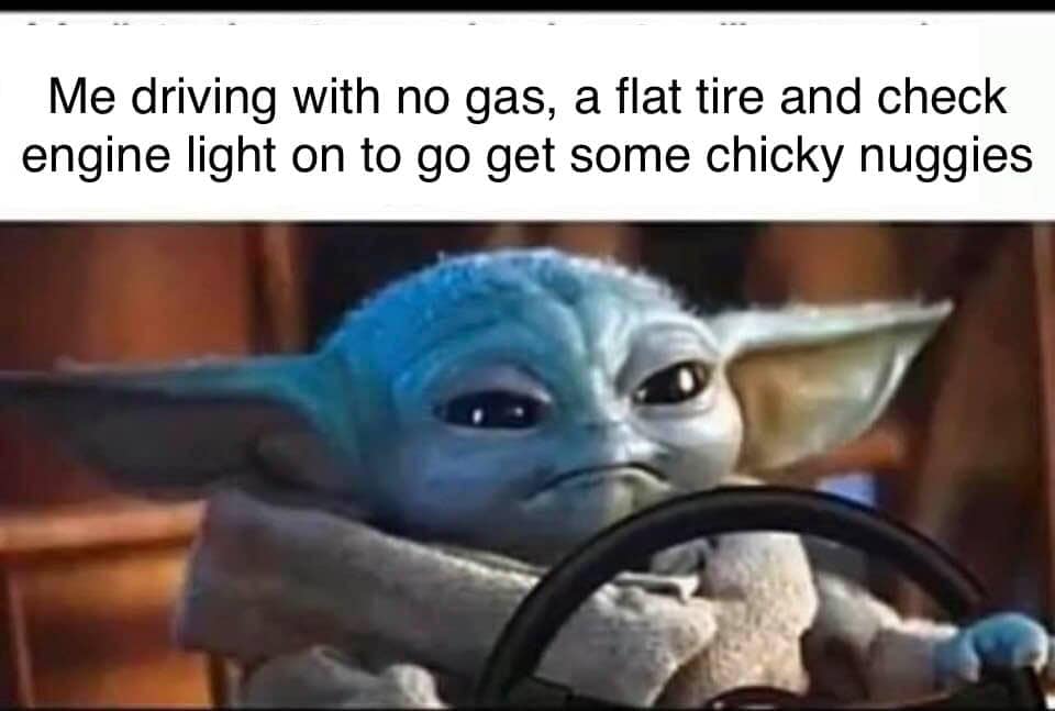Okay, let's break down this meme through the lens of various theoretical frameworks. **Visual Description** The image depicts "Baby Yoda" (Grogu) from "The Mandalorian" attempting to drive a vehicle. He's positioned b...