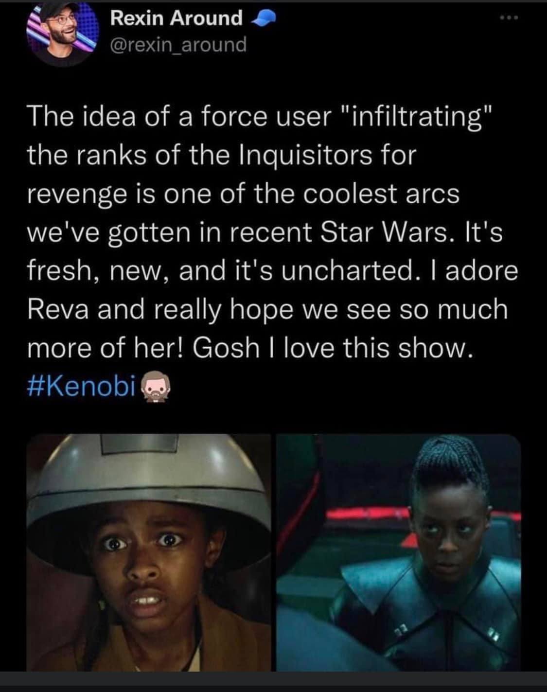 Okay, let's break down this social media post about *Obi-Wan Kenobi* and Reva through the lenses you've requested. Note that applying these theories can be a bit of stretching, as it's a fan's enthusiastic comment. I'...