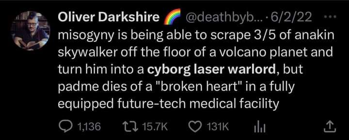 Okay, let's break down this provocative tweet through the requested theoretical lenses. It's a dense statement, leaning heavily into Star Wars lore, and demands careful interpretation. **Visual Description** The image...