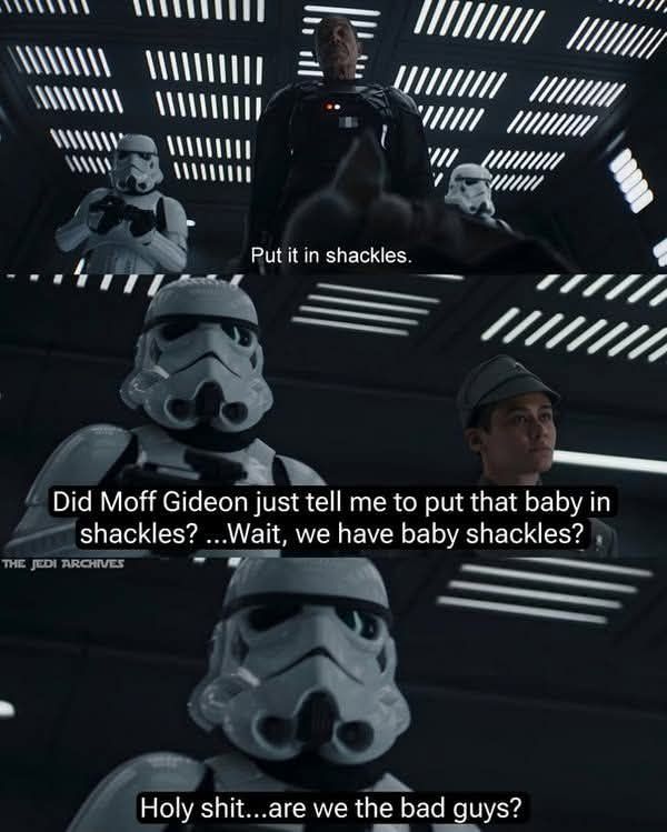 Okay, let's break down this image/meme from *The Mandalorian* through various theoretical lenses. **Visual Description** The image is a screen capture from the Disney+ series *The Mandalorian*. It depicts a scene aboa...