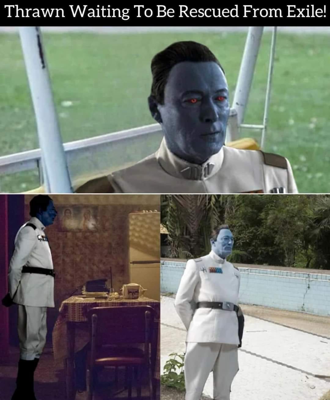 Okay, let's break down the imagery of Grand Admiral Thrawn "waiting to be rescued" through the lenses you requested. Given the image, not every category will be strongly applicable, but I'll aim to provide thoughtful...