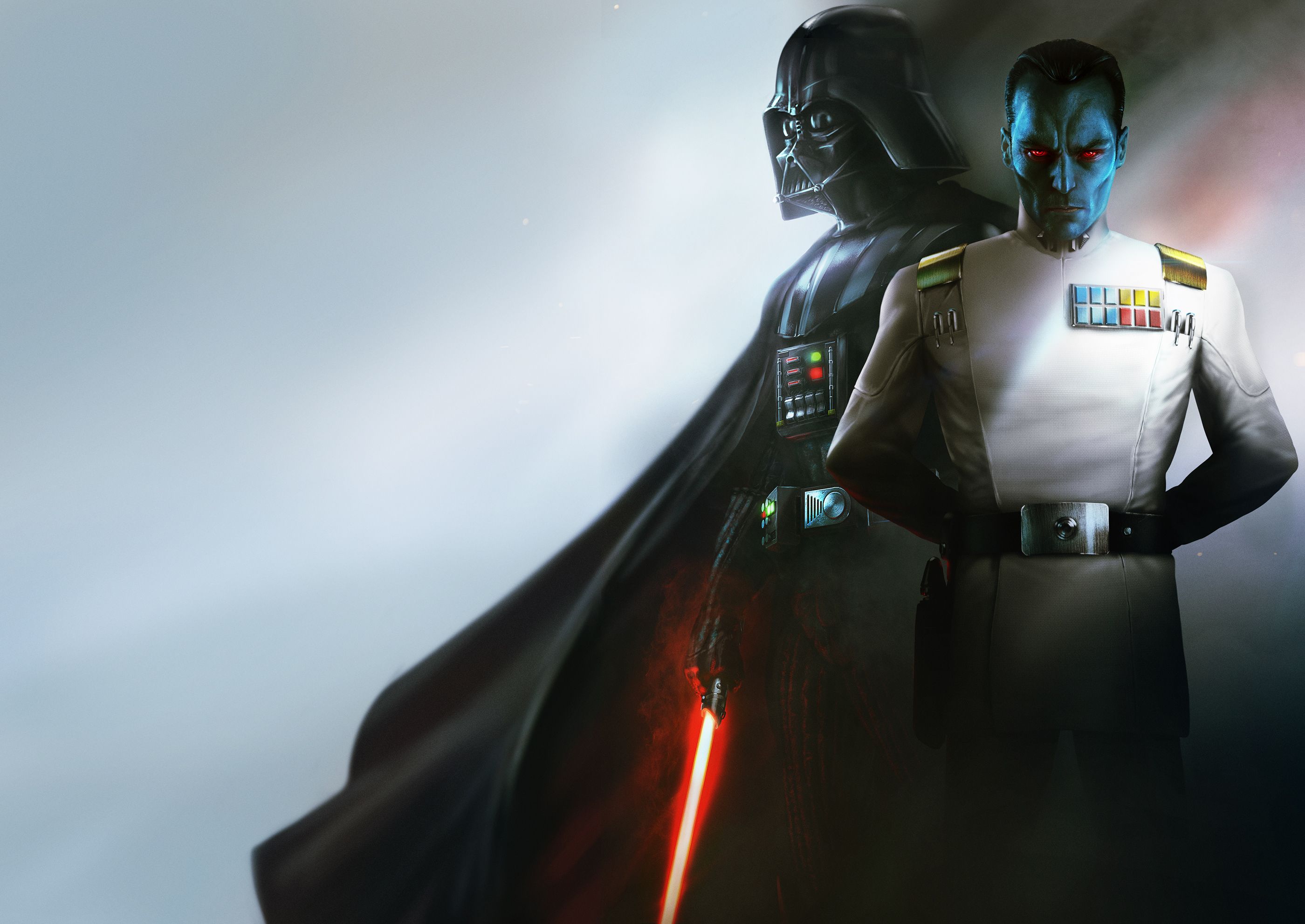 Okay, let's break down the image of Grand Admiral Thrawn and Darth Vader using the requested theoretical lenses. ## Visual Description The image is a digital painting depicting two iconic *Star Wars* villains: Darth V...