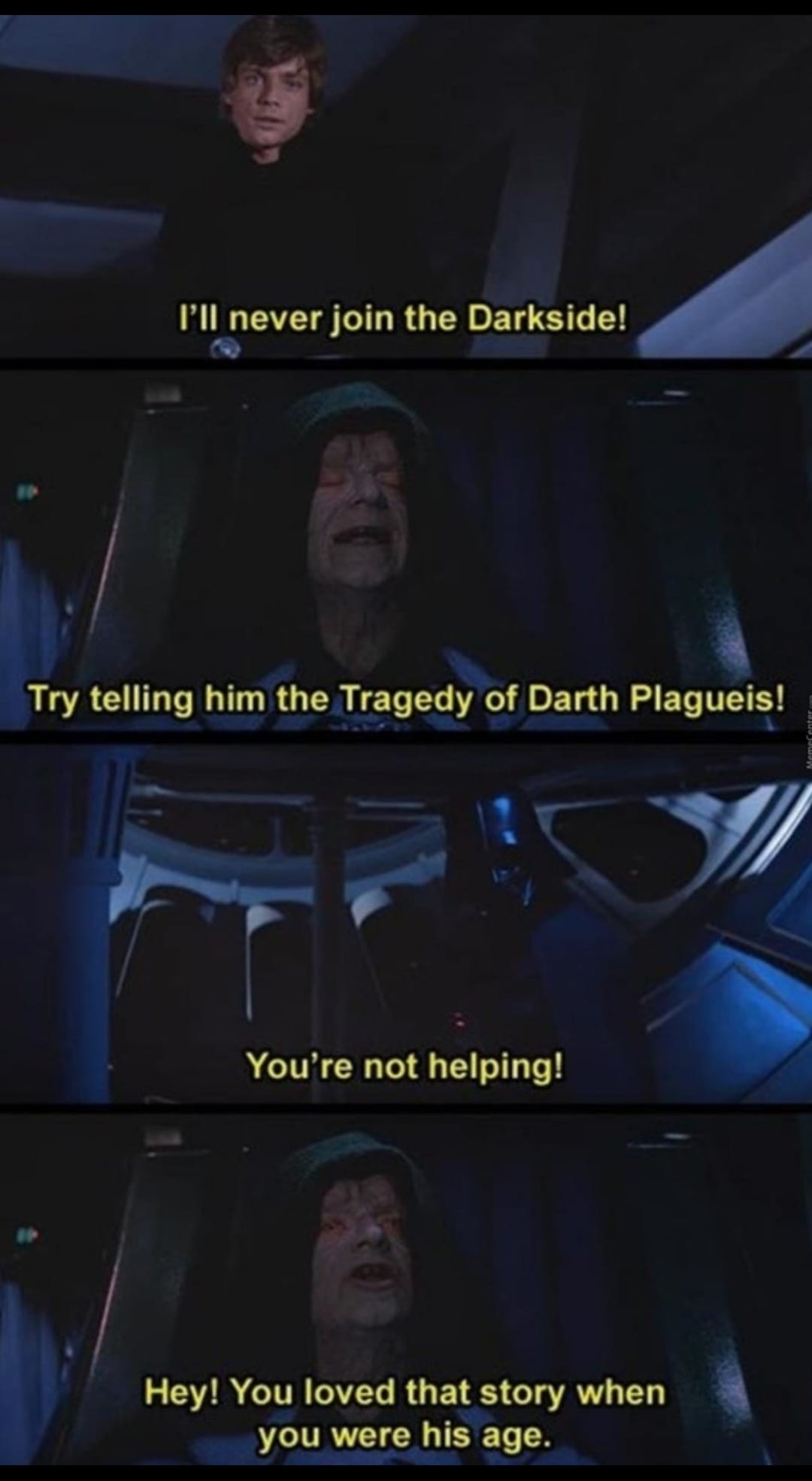 Okay, let's break down this "Star Wars" meme through several theoretical lenses. Given the nature of the content, some lenses will be more relevant and yield more insightful analysis than others. **Visual Description*...