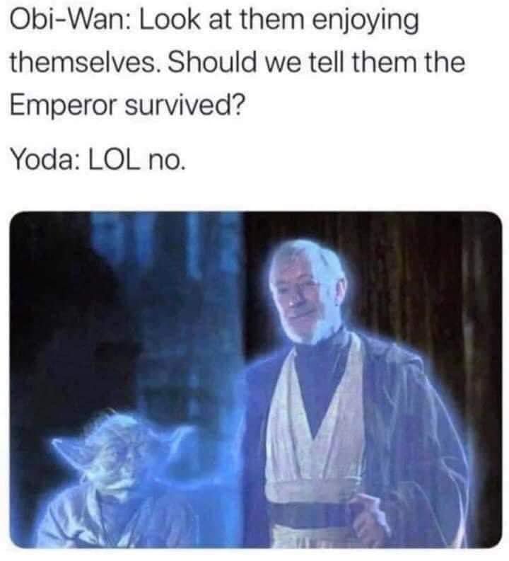 Okay, let's break down this meme through the lenses you’ve provided. It's a deceptively complex piece of internet humor drawing on decades of Star Wars lore and broader philosophical concepts. **Visual Description** T...