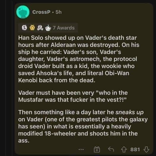 Okay, let's break down this Star Wars-flavored social media post through the lenses of various theoretical frameworks. It's a surprisingly rich little text, ripe for analysis. **Visual Description** The post is a scre...