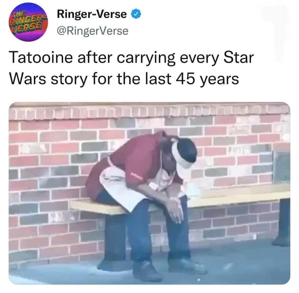Okay, let's break down this meme depicting a slumped-over Darth Vader on a bench, captioned "Tatooine after carrying every Star Wars story for the last 45 years," through various critical lenses. **Visual Description*...