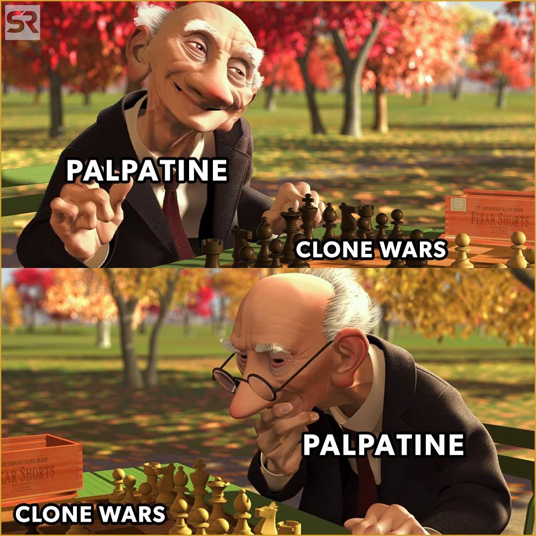 Okay, let's break down this image of Palpatine playing chess, through the lenses of various critical theories. It's a peculiar image – visually and conceptually – offering quite a bit to unpack. **Visual Description**...