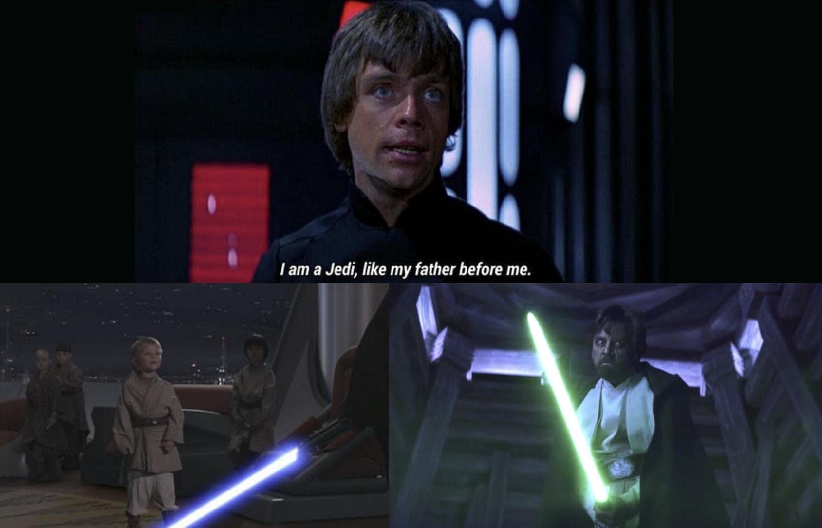 Okay, here's an analysis of the provided *Star Wars* images, broken down into sections as requested. I'll indicate if a section doesn't apply. **Visual Description** The images depict Luke Skywalker in moments of tran...