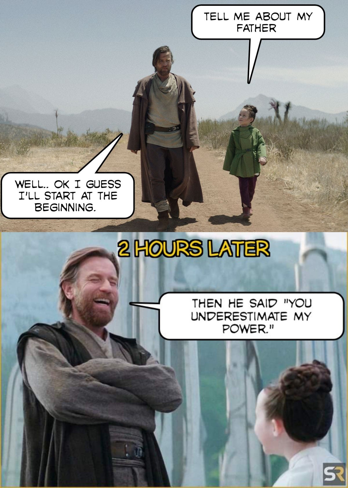 Okay, let's break down this meme referencing the Star Wars saga through the lenses of several critical theory frameworks. **Visual Description** The image is a two-panel meme. The top panel depicts Obi-Wan Kenobi and...