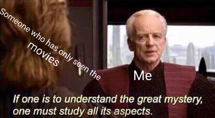 Okay, let's break down this meme through a variety of theoretical lenses. **Visual Description** The image is a screencap from *Star Wars: Episode III – Revenge of the Sith*. It features Palpatine (Darth Sidious), por...