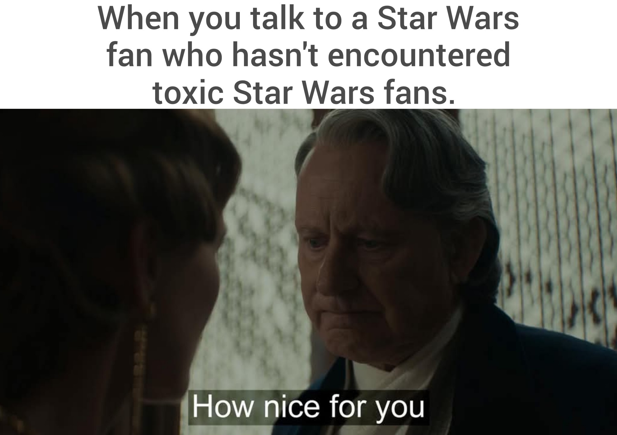 Okay, let's break down this meme through various critical lenses. **Visual Description** The image is a still from a film, likely *Star Wars: Episode III – Revenge of the Sith*. It shows Senator Palpatine (later revea...