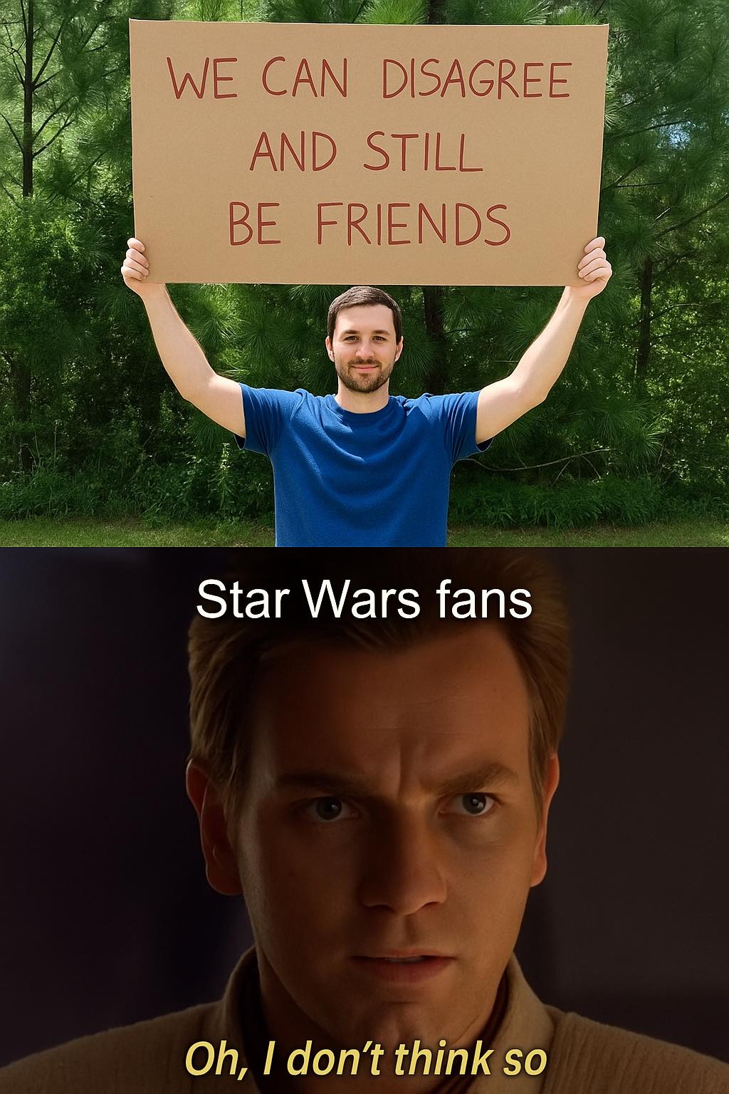 Okay, here's a breakdown of the image using the requested theoretical lenses. Note that some lenses won't be as strongly applicable, and I'll explain why. **Visual Description** The image is a meme/double panel format...