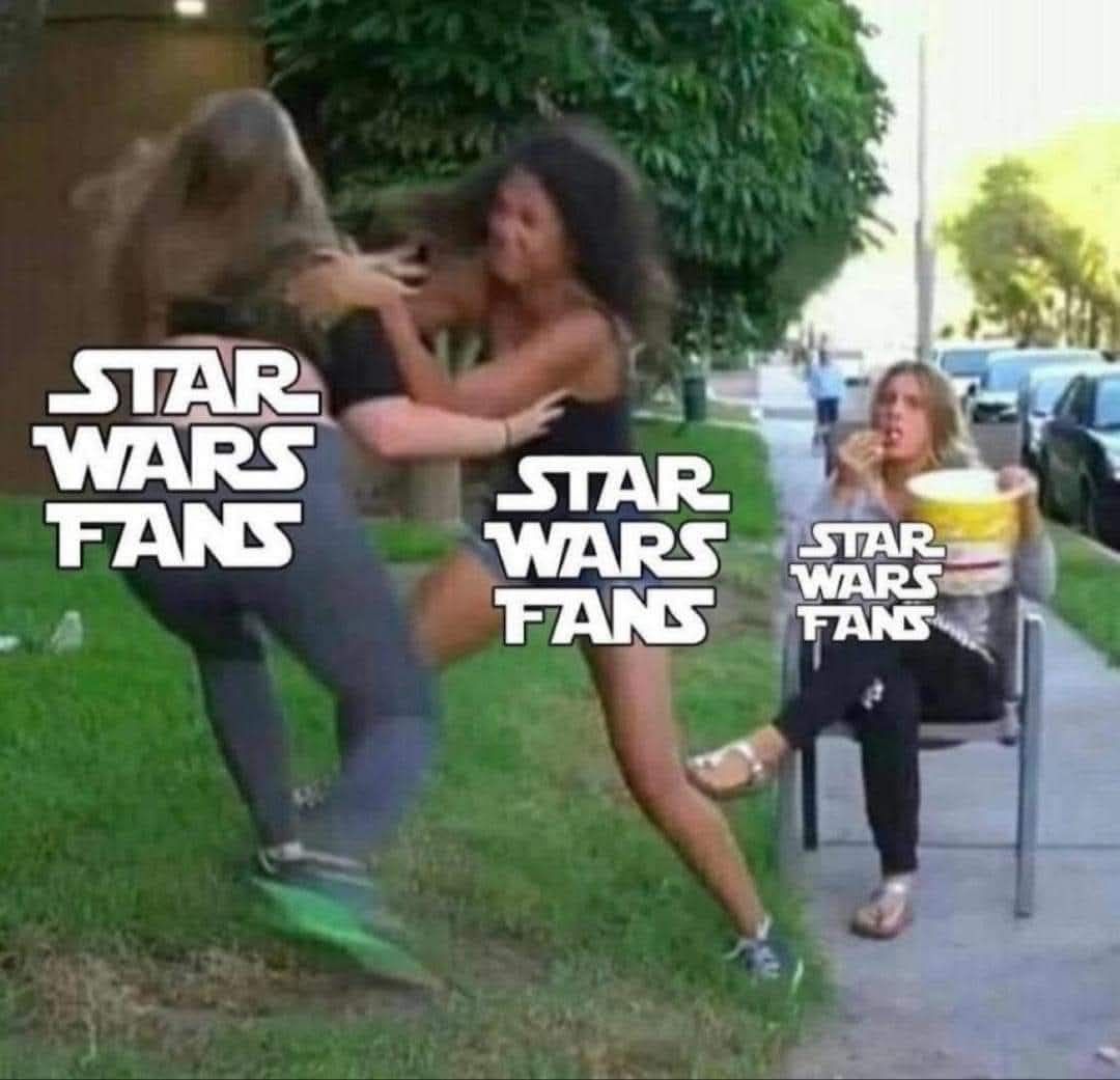 This image subverts the popular "meme of death" trope by poking fun at the stereotype that Star Wars fans are inherently violent or chaotic. Three distinct groups of people, each labeled with the text "**STAR WARS FAN...