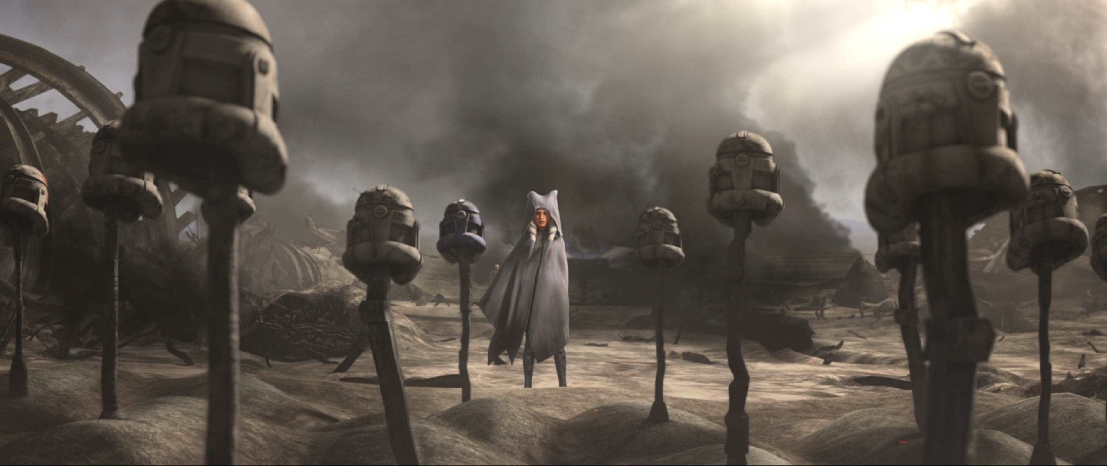 Okay, let's break down this image from *Star Wars: The Clone Wars* using the requested theoretical frameworks. **Image Description** The image depicts a scene from a desolate, alien landscape. Ashy, grey ground is lit...