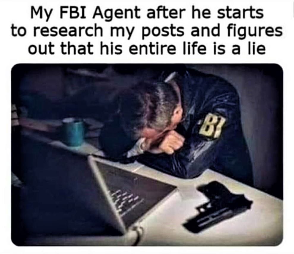 Okay, let's break down this meme through the lenses you've provided. Given the image and text, several of these frameworks are quite applicable. **Visual Description** The image depicts a man, ostensibly an FBI agent...