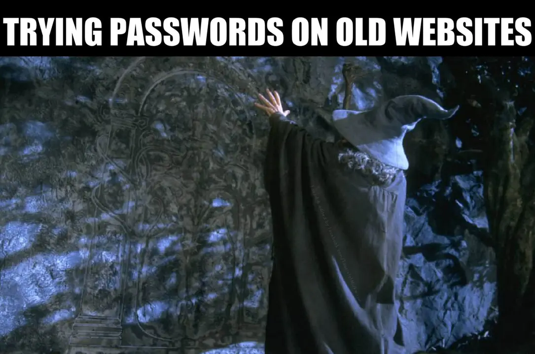 Okay, let's break down the image with the requested theoretical lenses. Given the image and the text "TRYING PASSWORDS ON OLD WEBSITES," some areas will be more fruitful than others. **1. Visual Description** The imag...