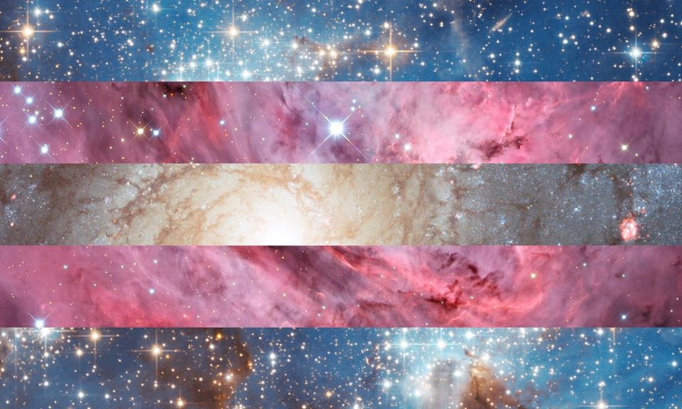 Okay, let's analyze the image, a nebula-textured transgender pride flag, through the lenses you've requested. **Visual Description** The image depicts a transgender pride flag rendered not as flat colors, but using im...