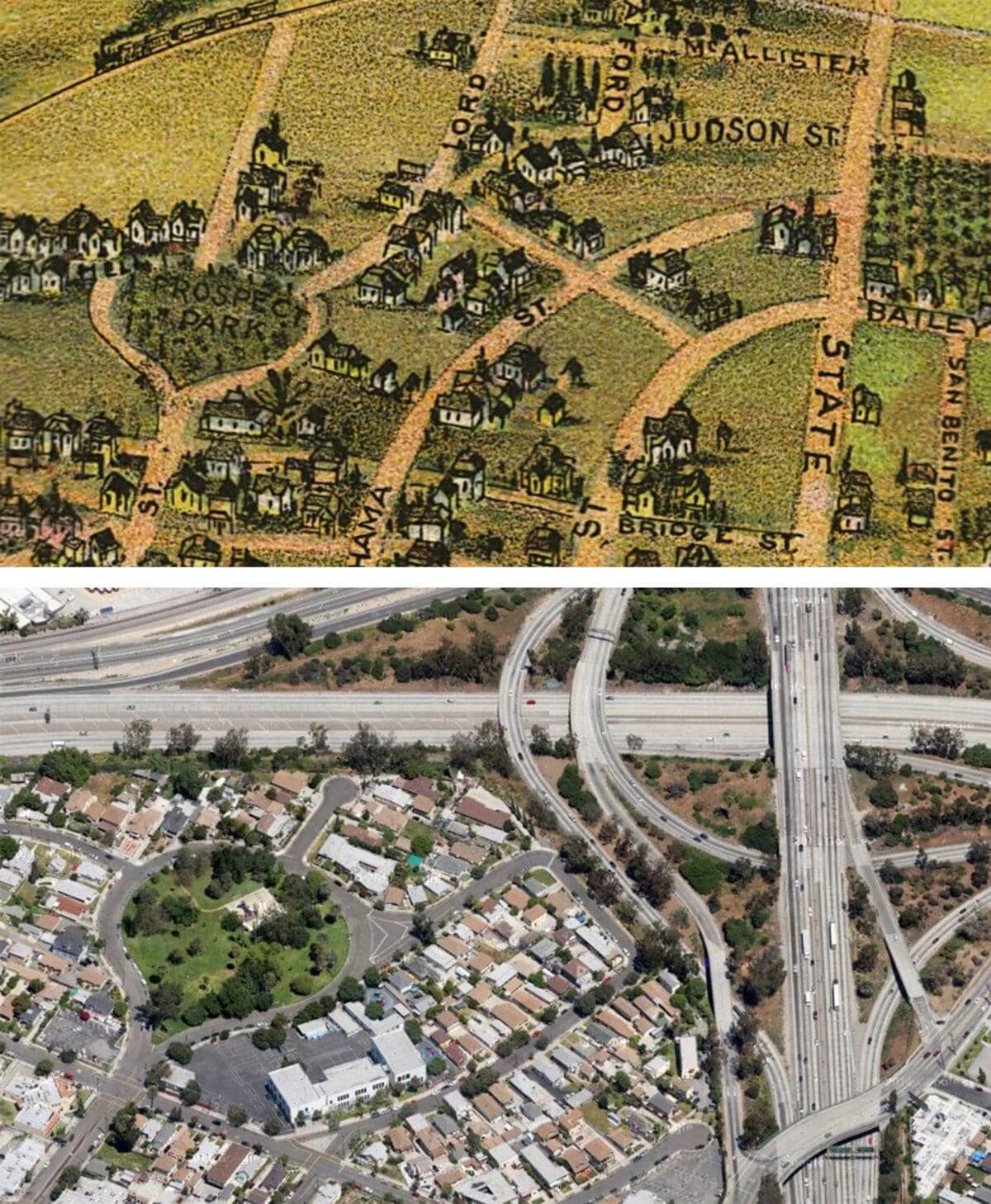 Okay, let's break down the image of these two views of the same geographic location—a neighborhood transformed by highway construction—through a series of theoretical lenses. **Visual Description** The image presents...