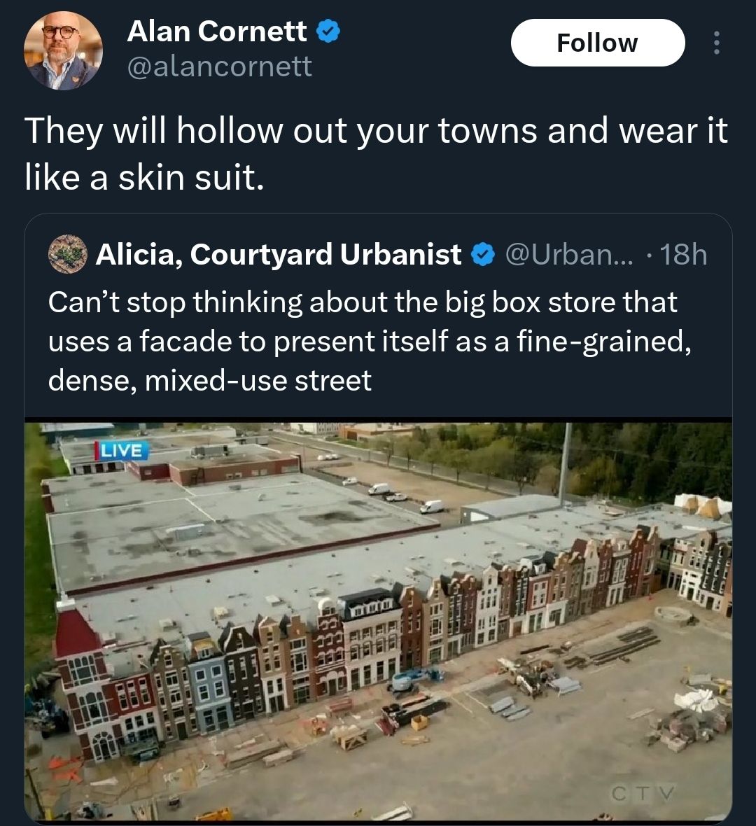 Okay, let's break down this tweet and accompanying image through several theoretical lenses. It's a rich example for many of these frameworks. **1. Visual Description** The image is an aerial photograph showing a sign...