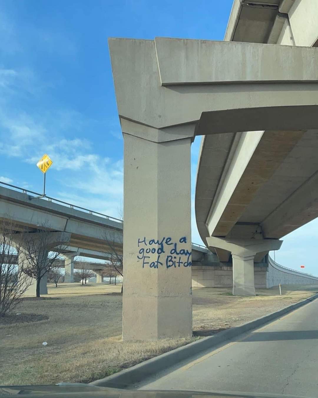 The meme is an image of a concrete overpass with a graffito that reads "Have a good day, Fat Bitch". From a Guerilla Urbanism perspective, this is an example of an act of subversive street art that challenges the auth...