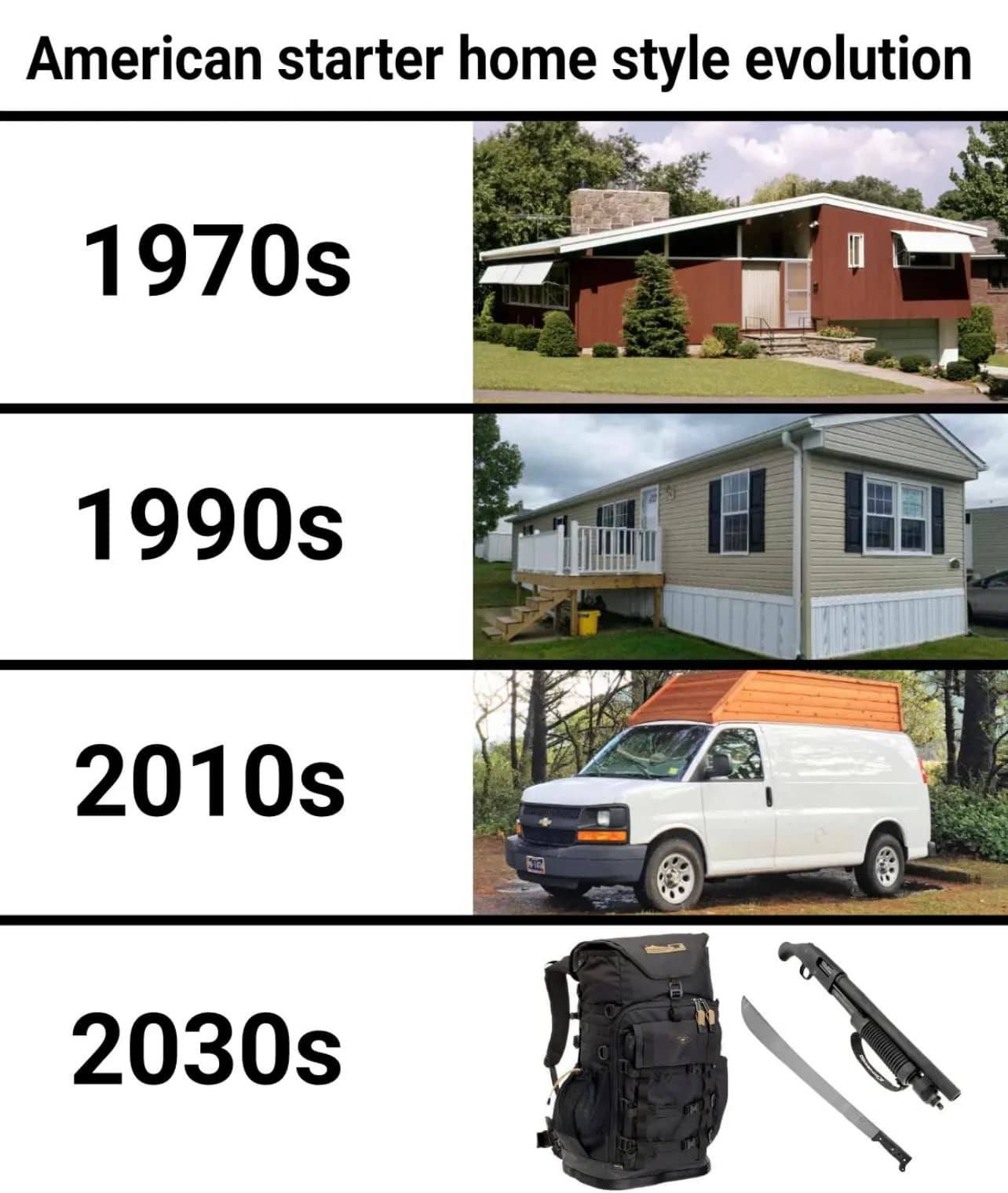Okay, let's break down the image presented – a visual representation of "American starter home style evolution" spanning four decades – through the lenses you've provided. It's a deeply unsettling and darkly satirical...