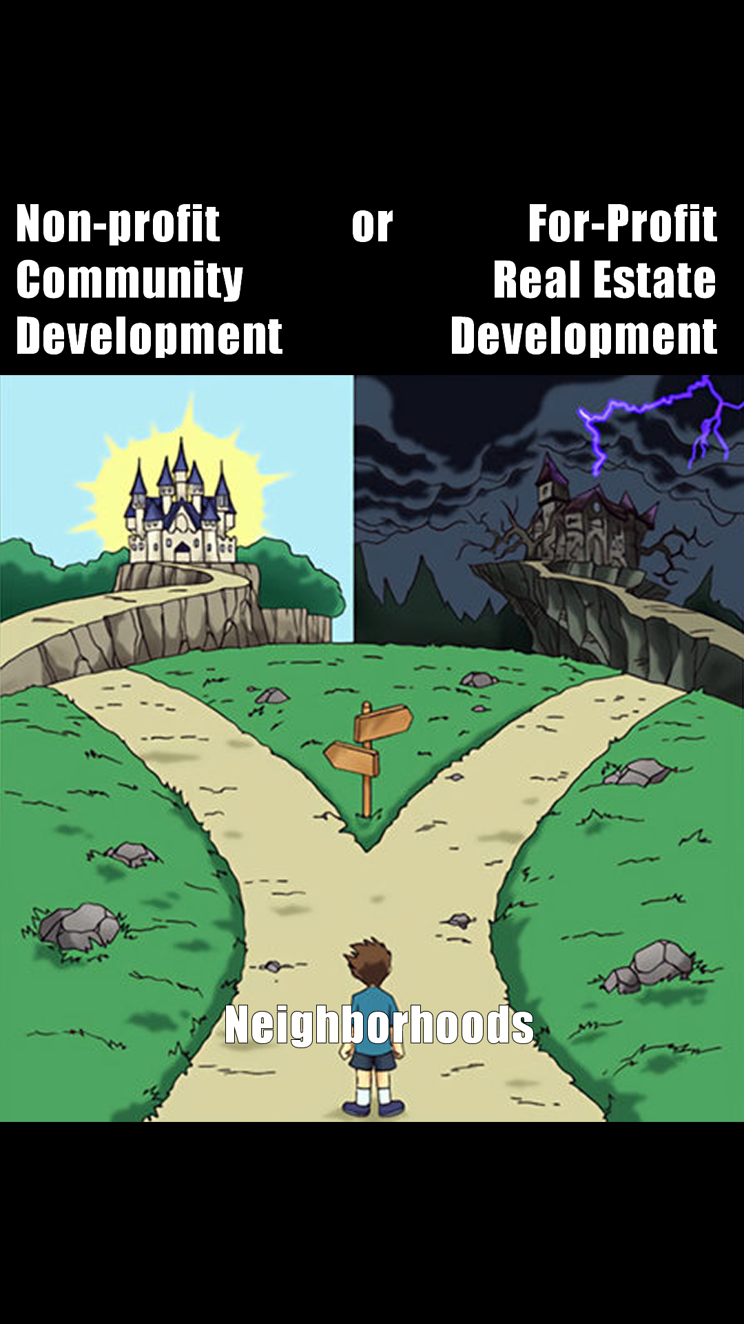 Okay, let's break down this image through several critical lenses as requested. **Visual Description** The image depicts a cartoonish fork in a road, dramatically dividing the path forward. Above each path are stylize...