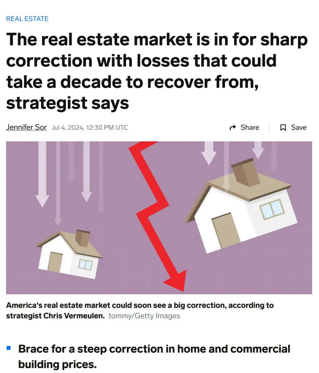 The meme is an image of a house with a red downward arrow pointing towards it, implying a decline in the housing market. The text above the image reads "The real estate market is about to experience a significant down...