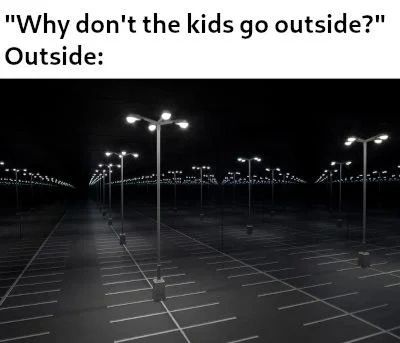 Okay, let's break down this meme, applying the requested theoretical frameworks. **Visual Description** The image depicts a completely empty parking lot at night. It's a vast, expansive space, defined by stark white p...