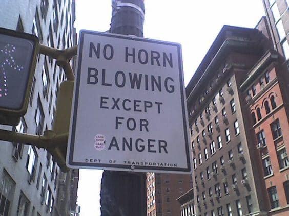 Okay, let's break down this image of the "No Horn Blowing Except For Anger" sign, utilizing the frameworks you requested. **1. Visual Description** The image shows a white, rectangular traffic sign attached to a metal...