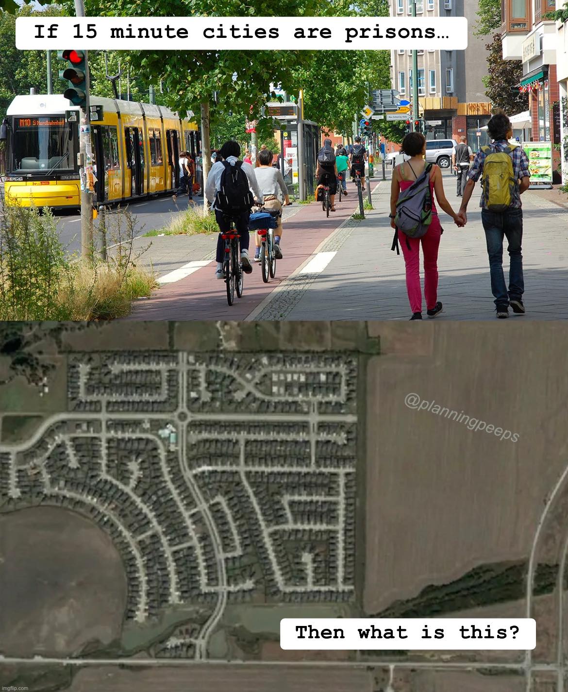 Okay, let's break down this image and its implied argument, applying the requested theoretical frameworks. It's a complex image prompting a debate about urban planning, freedom, and control. **Visual Description** The...